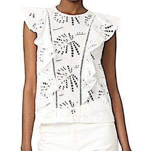 SUNCOO Paris White Eyelet Lace Ruffle Sleeve Blouse XS